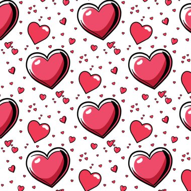 Renkli desenler, kırmızı ve pembe renkte farklı kalp şekilleri sergiliyor. Temiz beyaz bir arkaplan, romantik temalar ve yaratıcı projeler için ideal.