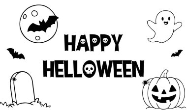 Yarasalar, bir hayalet, bir balkabağı ve bir mezar taşı gibi cadılar bayramı unsurlarını gözler önüne seren düz bir illüstrasyon.