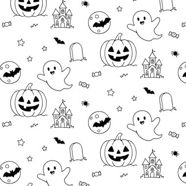 Cadılar Bayramı elementlerinin düz çizimi, balkabakları, hayaletler, yarasalar ve şekerler, neşeli tasarımlar için mükemmel bir şekilde düzenlenmiş.