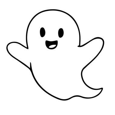 Çizgi film hayalet çizimleri neşeli bir ifade içerir, neşeli bir şekilde yüzer, Cadılar Bayramı süslemeleri, çocuk kitapları ve şenlik tasarımları için idealdir, eğlenceli bir atmosferi çağrıştırır.