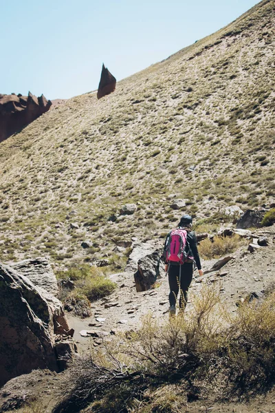 stock image Rear view of female backpacker hiking through a rocky path High quality photo