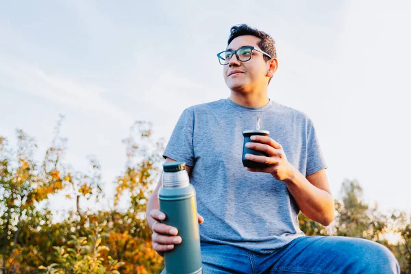 Young Latin Man Drinking Mate Natural Space Top Little Tractor — Stock Fotó