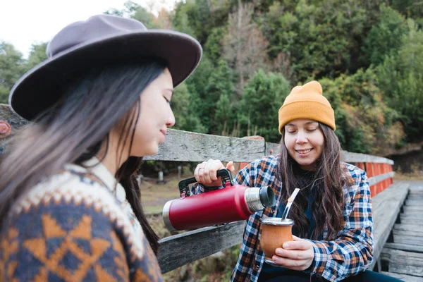 Joyful Young Women Enying Yerba Mate Together Countryside Gewikkeld Warme — Stockfoto