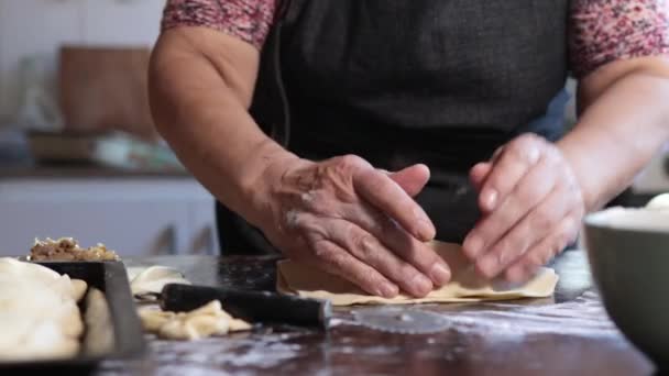 本格的な料理の伝統 ラテン語の高齢者の女性は彼女の田舎のホームキッチンの快適さでおいしいチリ焼きエンパナーダを作成します 閉じろ — ストック動画