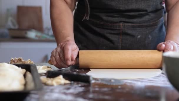 Latin Elderly Woman Crafting Aromatyczne Chilijskie Mięso Cebula Wypełnione Empanadas — Wideo stockowe