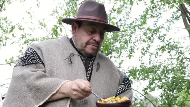 Niski Widok Człowieka Mapuche Kraju Noszenie Wełnianego Ponczo Kapelusz Jedzenie — Wideo stockowe