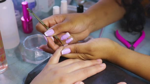 Detailed Manicure Session Skilled Female Nail Technician Performing Precise Cuticle — Stock Video