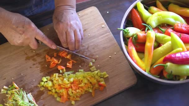 Unrecognizable Latin American Senior Woman Expertly Cutting Chopping Chili Peppers — Stock Video