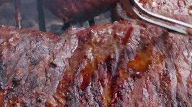 Ev Yapımı Arka Bahçe Barbeküsü Sırasındaki Biftek ve Tavuk Izgarası. Yüksek kalite 4k görüntü