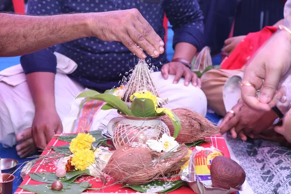 stock image Performing Kalash puja rituals in Indian traditional wedding ceremony