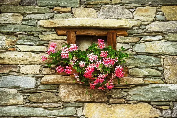 Small window of a stone thing with geranium flowers