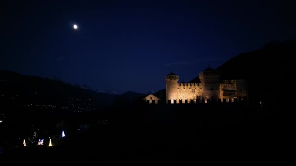 Vista Aérea Noturna Castelo Fenis Com Lua Cheia Aosta Valley — Vídeo de Stock