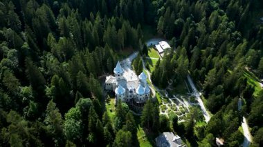 Gressoney Saint Jean Aosta Vadisi 'ndeki Savoy Kalesi' nin havadan görünüşü İHA 'yla tepeden aşağıya bakıyor.