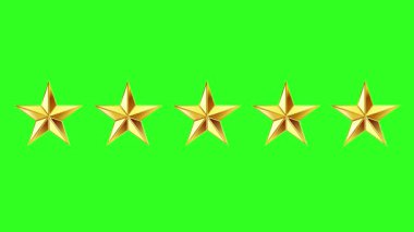 Yeşil Ekranda Beş Altın Yıldız Derecelendirme Animasyonu. Değerlendirme ve Sıralama için 3D Altın Yıldız Simgesi. Animasyon 5 Yıldız Kalite Sınıflandırma Sembolü Görünüyor.