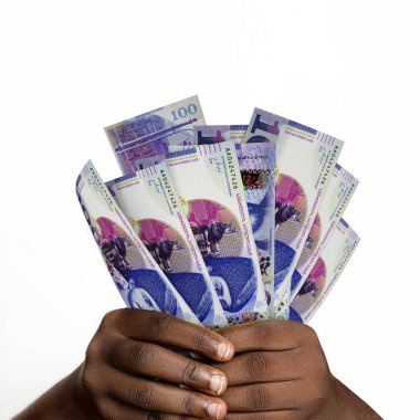 Üç boyutlu siyah eller Gürcistan 'a ait notlar hazırladı. Gürcistan para birimi notlarını tutan Eller 'e yakın çekim