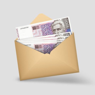 Hırvat kuna notları açık kahverengi bir zarfın içinde. Açık bir zarfta üç boyutlu para illüstrasyonu