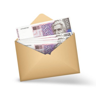 Hırvat kuna notları açık kahverengi bir zarfın içinde. Açık bir zarfta üç boyutlu para illüstrasyonu