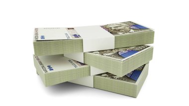 Hırvat kuna notlarının 3D kopyası. Beyaz arka planda izole edilmiş az miktarda Hırvat kuna para birimi
