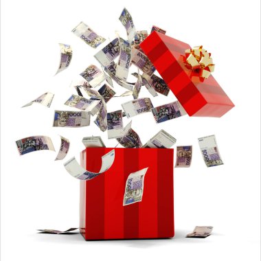 Açılan kırmızı hediye kutusundan bir sürü Hırvat kuna kolon notunun 3D yorumlanması