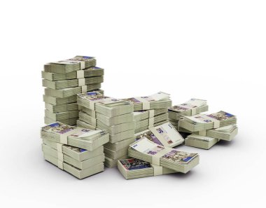 Bir yığın Hırvat kuna notu. Beyaz arkaplanda izole edilmiş 3d para demetleri