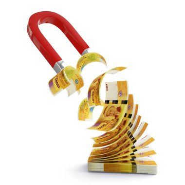 At nalı mıknatısının 3 boyutlu yorumlanması beyaz arka planda izole edilmiş Comorian frangı çekiyor. Çekici para konsepti. Başarılı bir iş stratejisi