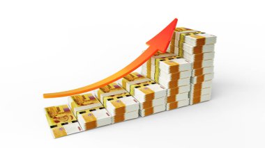 Comorian frangı destelerinden oluşan finansal büyüme tabelaları. Beyaz arkaplanda izole edilmiş bir çubuk grafik şeklinde düzenlenmiş üç boyutlu para oluşturma