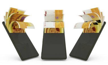 Bir cep telefonunun içinde Comorian Franc banknotları. Para cep telefonundan geliyor. Mobil para aktarım konseptinin 3D yorumlanması. Telefondan para