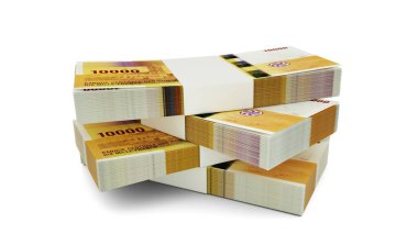 3D Comorian frangı kopyaları. Beyaz arkaplanda izole edilmiş Comorian para biriminin birkaç demeti