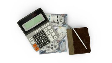 Suudi riyal notları, bir hesap makinesi, bir defter ve bir kalemin izole edilmiş bir bileşiminin 3D görüntülenmesi