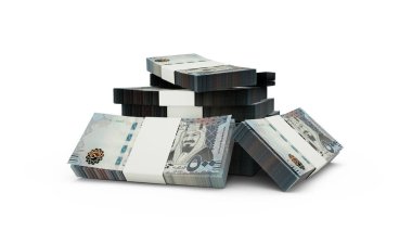 Suudi riyal notlarının 3D kopyası. Beyaz arkaplanda izole edilmiş Suudi para birimi notları