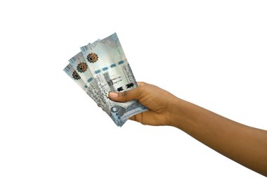 Beyaz arka planda izole edilmiş Suudi riyal notaları.