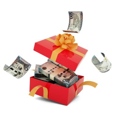 Suudi riyal notları açık kırmızı bir hediye kutusunun içinde. Suudi riyal içeride ve hediye kutusunun etrafında uçuyor. Kutunun içindeki paranın 3d görüntülenmesi beyaz arkaplan üzerinde izole edildi
