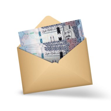 Suudi Riyal açık kahverengi bir zarfın içine notlar yazmış. Açık bir zarfta üç boyutlu para illüstrasyonu