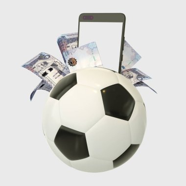 Suudi Riyal notlarının 3 boyutlu yorumlanması ve futbol topunun arkasındaki telefon. Spor bahisleri, futbol bahisleri, beyaz arka planda izole edilmiş. maketleme