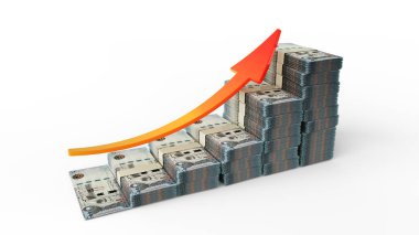Suudi Arabistan riyal notlarından oluşan finansal büyüme işareti. Beyaz arkaplanda izole edilmiş bir çubuk grafik şeklinde düzenlenmiş üç boyutlu para oluşturma