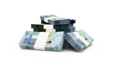 3d rendering of Stack of Kuwaiti dinar notes. bundles of Kuwaiti currency notes isolated on white background