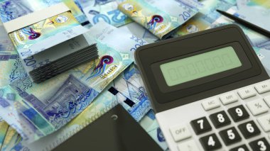 Kuveyt dinar notları hesap makinesi, kalem ve defter ile yayılmış. 3d oluşturma