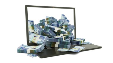 Beyaz arka planda izole edilmiş bir laptop monitöründen gelen 3 boyutlu Kuveyt dinar notları. Bir dizüstü bilgisayarın içinde bir yığın Kuveyt dinarı var. Bilgisayardan para, laptoptan para