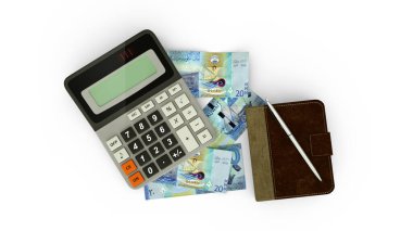 Kuveyt dinar notları, bir hesap makinesi, bir defter ve bir kalem içeriğinin 3 boyutlu görüntülenmesi