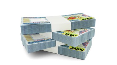 3d rendering of Stack of Myanmar Kyat notes. Few bundles of Myanmar currency isolated on white background