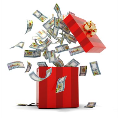 Açılan kırmızı hediye kutusundan çıkan bir sürü Myanmar Kyat notunun 3D görüntüsü