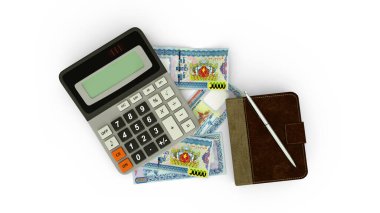 Myanmar Kyat notları, bir hesap makinesi, bir defter ve bir kalemin 3 boyutlu yorumlanması