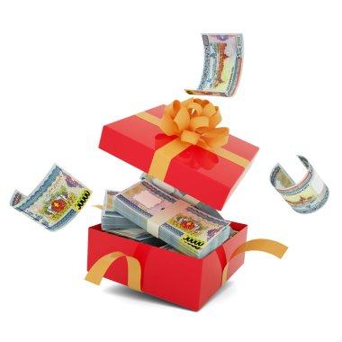 Myanmar Kyat notes inside an open red gift box. Myanmar Kyat inside and flying around a gift box. 3d rendering of money inside box isolated on white background clipart