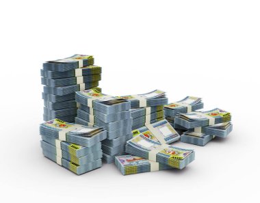 Bir yığın Myanmar Kyat notu. Beyaz arkaplanda izole edilmiş 3d para demetleri