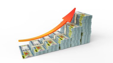 Myanmar Kyat 'ın banknotlarından oluşan finansal büyüme işareti. Beyaz arkaplanda izole edilmiş bir çubuk grafik şeklinde düzenlenmiş üç boyutlu para oluşturma