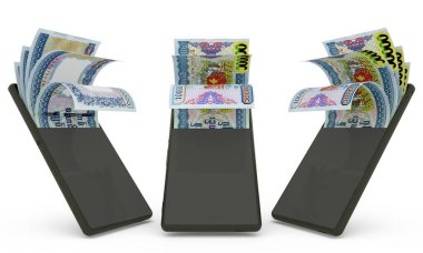 Myanmar Kyat cep telefonundan not alıyor. Para cep telefonundan geliyor. Mobil para aktarım konseptinin 3D yorumlanması. Telefondan para