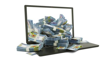 Myanmar Kyat 'ın notlarının beyaz arkaplanda izole edilmiş bir dizüstü bilgisayar monitöründen üç boyutlu yorumlanması. Myanmar Kyat 'ın yığını bir dizüstü bilgisayarın içinde. Bilgisayardan para, laptoptan para