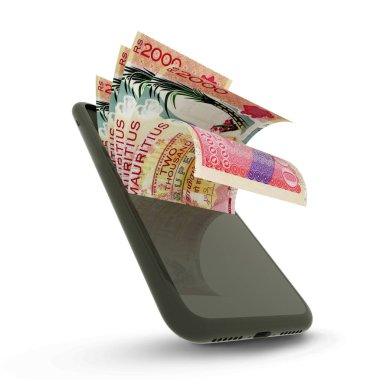 3D rending of Mauritian rupee notes inside a mobile phone