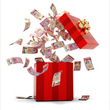 Mauritian rupisi açık kırmızı bir hediye kutusunun içinde. Mauritian rupileri içinde ve bir hediye kutusunun etrafında uçuyorlar. Kutunun içindeki paranın 3d görüntülenmesi beyaz arkaplan üzerinde izole edildi