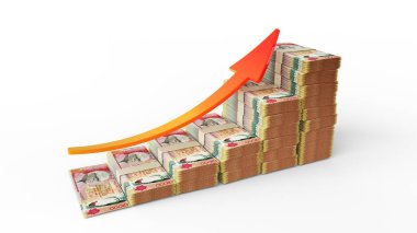 Mauritian rupi destelerinden oluşan finansal büyüme tabelaları. Beyaz arkaplanda izole edilmiş bir çubuk grafik şeklinde düzenlenmiş üç boyutlu para oluşturma